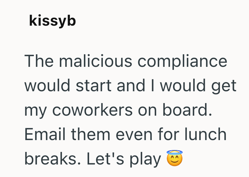 kissyb The malicious compliance would start and I would get my coworkers on board. Email them even for lunch breaks. Let's play