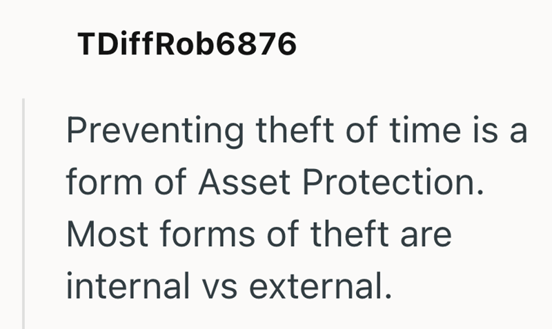 TDiffRob6876 Preventing theft of time is a form of Asset Protection. Most forms of theft are internal vs external.