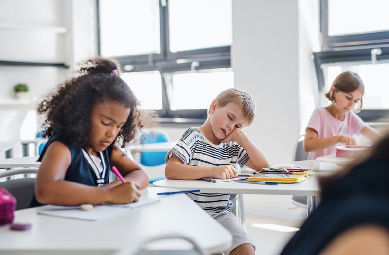 A small land tired bored school boy sitting at the desk in classroom sleeping