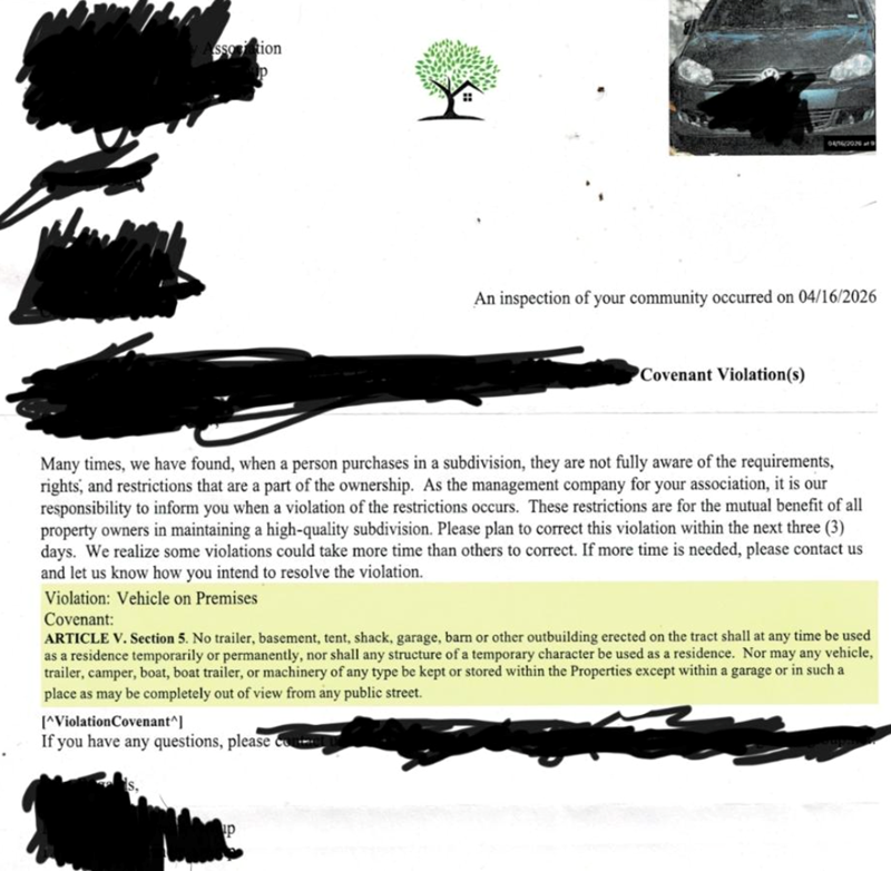 SSO ation 04/16/20269 An inspection of your community occurred on 04/16/2026 Covenant Violation(s) Many times, we have found, when a person purchases in a subdivision, they are not fully aware of the requirements, rights, and restrictions that are a part of the ownership. As the management company for your association, it is our responsibility to inform you when a violation of the restrictions occurs. These restrictions are for the mutual benefit of all property owners in maintaining a high-qual