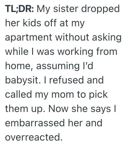 TL;DR: My sister dropped her kids off at my apartment without asking while I was working from home, assuming I'd babysit. I refused and called my mom to pick them up. Now she says I embarrassed her and overreacted.