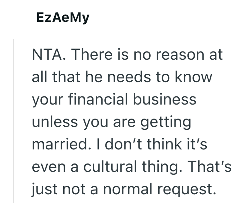 EzAeMy NTA. There is no reason at all that he needs to know your financial business unless you are getting married. I don't think it's even a cultural thing. That's just not a normal request.