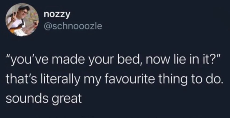 nozzy @schnooozle "you've made your bed, now lie in it?" that's literally my favourite thing to do. sounds great