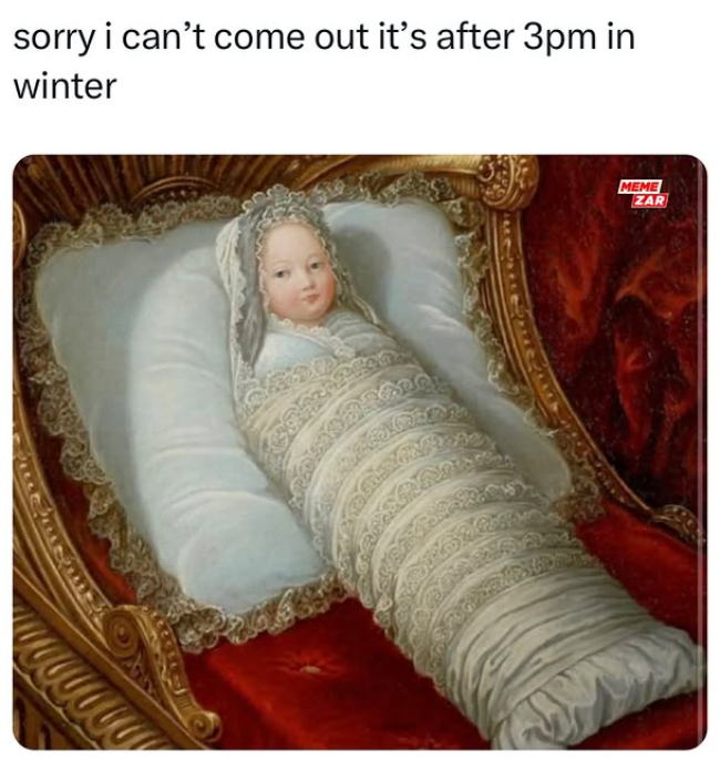 sorry i can't come out it's after 3pm in winter MEME ZAR