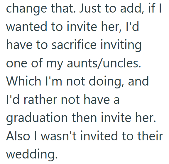 change that. Just to add, if I wanted to invite her, I'd have to sacrifice inviting one of my aunts/uncles. Which I'm not doing, and I'd rather not have a graduation then invite her. Also I wasn't invited to their wedding.