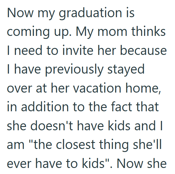 Now my graduation is coming up. My mom thinks I need to invite her because I have previously stayed over at her vacation home, in addition to the fact that she doesn't have kids and I am "the closest thing she'll ever have to kids". Now she
