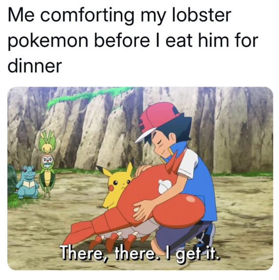18 Me comforting my lobster pokemon before I eat him for dinner There, there. I get it.