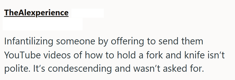 TheAlexperience Infantilizing someone by offering to send them YouTube videos of how to hold a fork and knife isn't polite. It's condescending and wasn't asked for.
