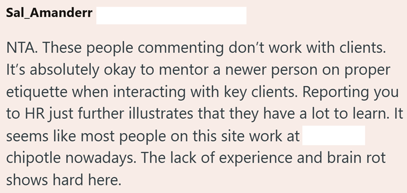Sal_Amanderr NTA. These people commenting don't work with clients. It's absolutely okay to mentor a newer person on proper etiquette when interacting with key clients. Reporting you to HR just further illustrates that they have a lot to learn. It seems like most people on this site work at chipotle nowadays. The lack of experience and brain rot shows hard here.