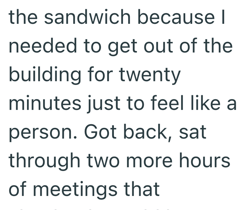 the sandwich because I needed to get out of the building for twenty minutes just to feel like a person. Got back, sat through two more hours. of meetings that