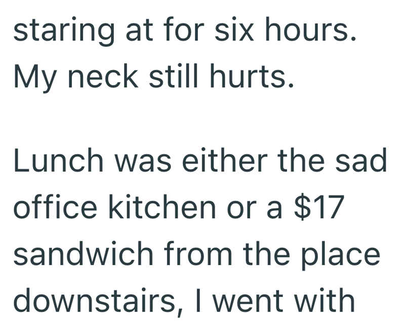 staring at for six hours. My neck still hurts. Lunch was either the sad office kitchen or a $17 sandwich from the place downstairs, I went with