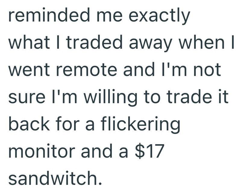 reminded me exactly what I traded away when I went remote and I'm not sure I'm willing to trade it back for a flickering monitor and a $17 sandwitch.