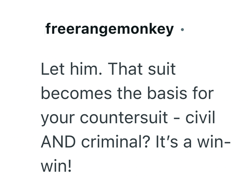 freerangemonkey • Let him. That suit becomes the basis for your countersuit - civil AND criminal? It's a win- win!