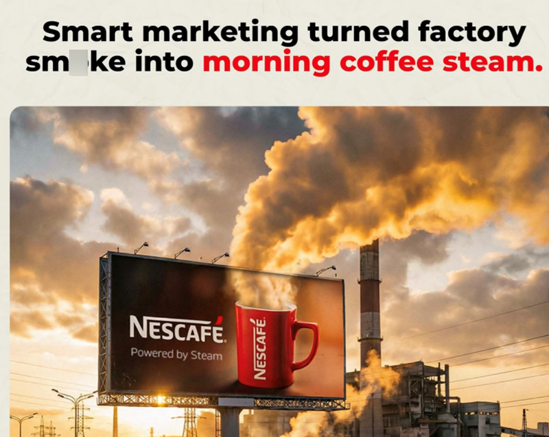 Smart marketing turned factory smoke into morning coffee steam. NESCAFE Powered by Steam NESCAFÉ