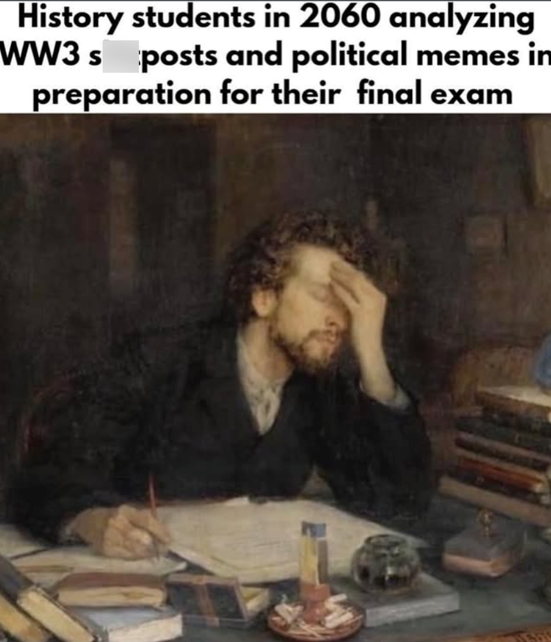 History students in 2060 analyzing WW3 s posts and political memes in preparation for their final exam