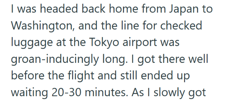 I was headed back home from Japan to Washington, and the line for checked luggage at the Tokyo airport was groan-inducingly long. I got there well before the flight and still ended up waiting 20-30 minutes. As I slowly got