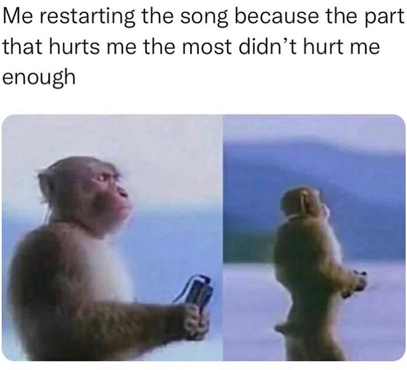 Me restarting the song because the part that hurts me the most didn't hurt me enough