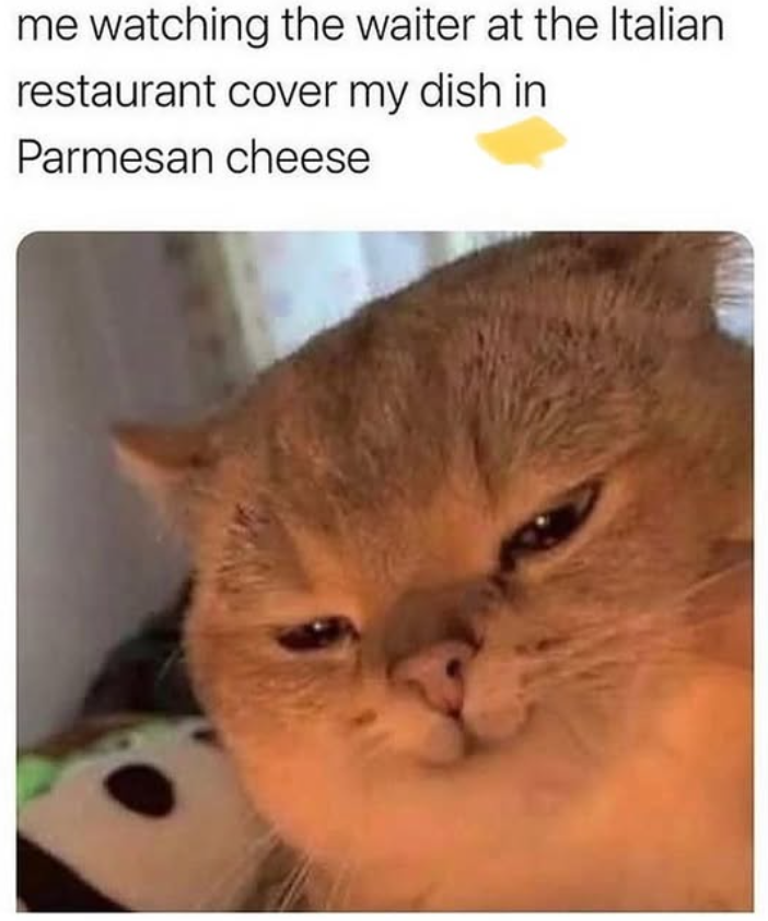 me watching the waiter at the Italian restaurant cover my dish in Parmesan cheese