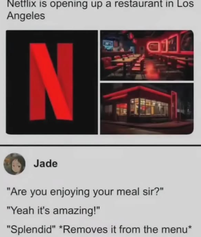 Netflix is opening up a restaurant in Los Angeles N Jade "Are you enjoying your meal sir?" "Yeah it's amazing!" "Splendid" *Removes it from the menu*
