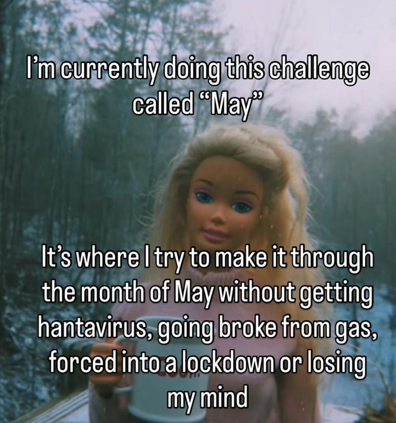 I'm currently doing this challenge called "May" It's where I try to make it through the month of May without getting hantavirus, going broke from gas, forced into a lockdown or losing my mind