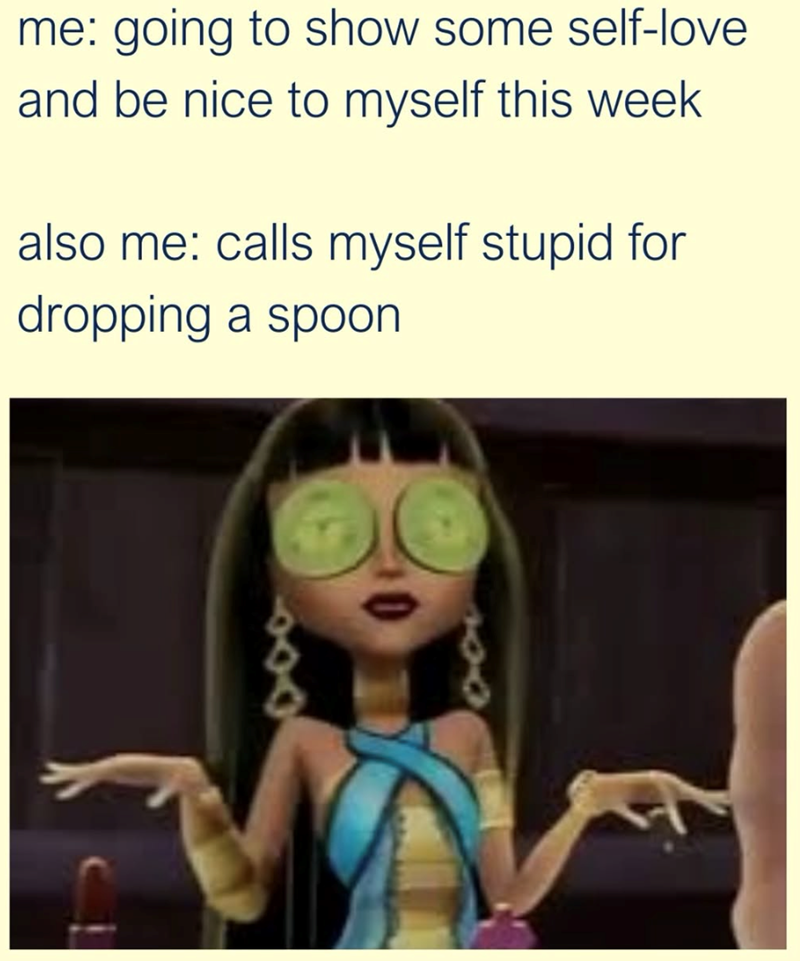 me: going to show some self-love and be nice to myself this week also me: calls myself stupid for dropping a spoon 908