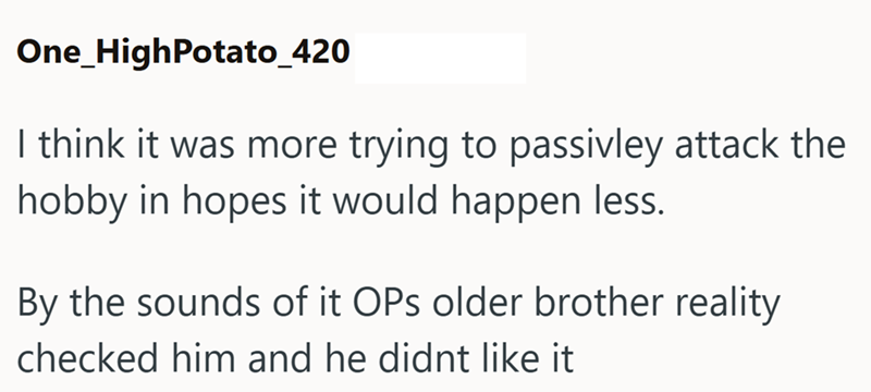 One_HighPotato_420 I think it was more trying to passivley attack the hobby in hopes it would happen less. By the sounds of it OPs older brother reality checked him and he didnt like it
