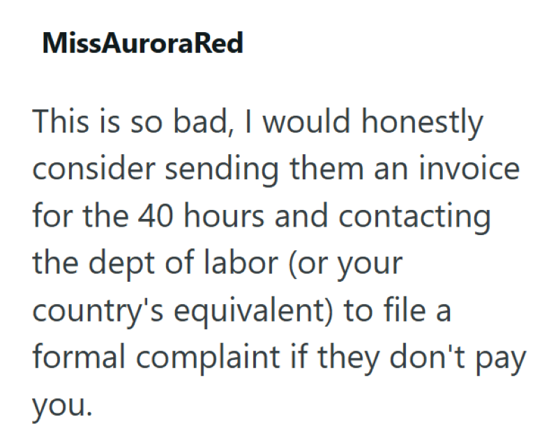 MissAurora Red This is so bad, I would honestly consider sending them an invoice for the 40 hours and contacting the dept of labor (or your country's equivalent) to file a formal complaint if they don't pay you.