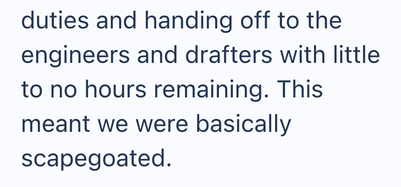 duties and handing off to the engineers and drafters with little to no hours remaining. This meant we were basically scapegoated.