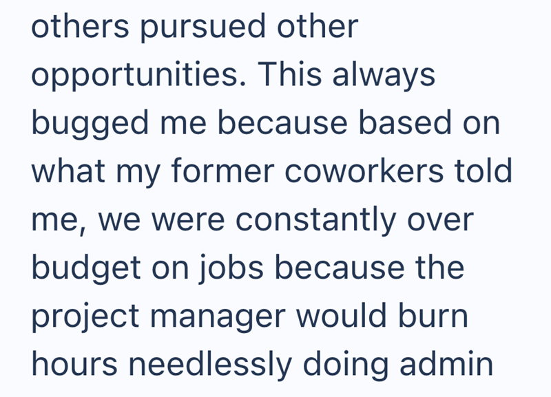 others pursued other opportunities. This always bugged me because based on what my former coworkers told me, we were constantly over budget on jobs because the project manager would burn hours needlessly doing admin