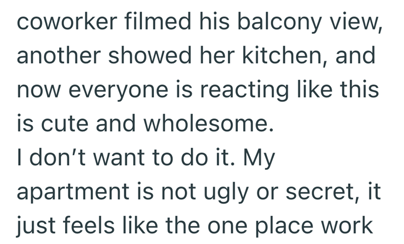 coworker filmed his balcony view, another showed her kitchen, and now everyone is reacting like this is cute and wholesome. I don't want to do it. My apartment is not ugly or secret, it just feels like the one place work