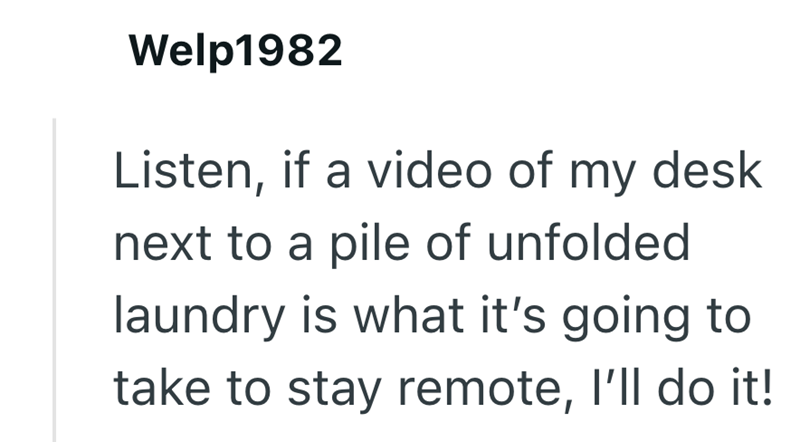 Welp1982 Listen, if a video of my desk next to a pile of unfolded laundry is what it's going to take to stay remote, I'll do it!