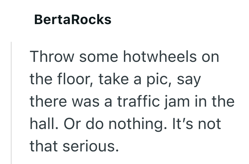 BertaRocks Throw some hotwheels on the floor, take a pic, say there was a traffic jam in the hall. Or do nothing. It's not that serious.