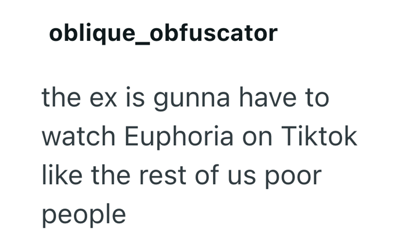 oblique_obfuscator the ex is gunna have to watch Euphoria on Tiktok like the rest of us poor people