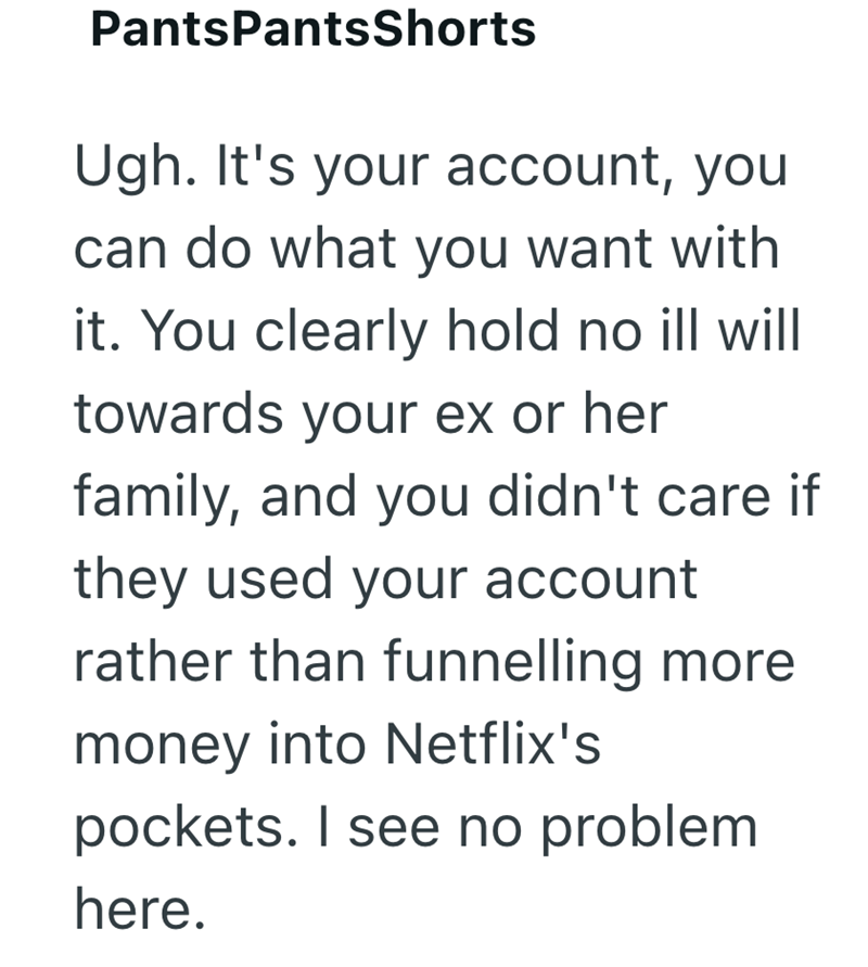 Pants Pants Shorts Ugh. It's your account, you can do what you want with it. You clearly hold no ill will towards your ex or her family, and you didn't care if they used your account rather than funnelling more money into Netflix's pockets. I see no problem here.