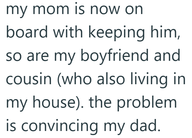 my mom is now on board with keeping him, so are my boyfriend and cousin (who also living in my house). the problem is convincing my dad.