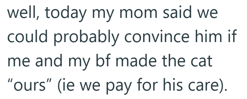 well, today my mom said we could probably convince him if me and my bf made the cat "ours" (ie we pay for his care).