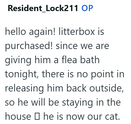 Resident Lock211 OP hello again! litterbox is purchased! since we are giving him a flea bath tonight, there is no point in releasing him back outside, so he will be staying in the house he is now our cat.