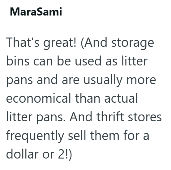MaraSami That's great! (And storage bins can be used as litter pans and are usually more economical than actual litter pans. And thrift stores. frequently sell them for a dollar or 2!)