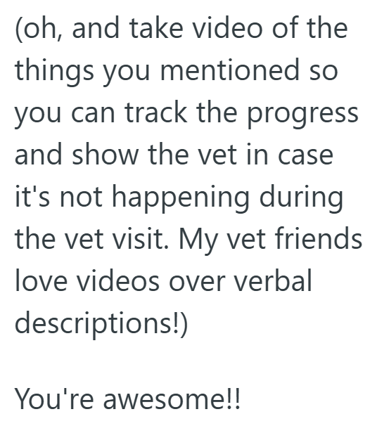 (oh, and take video of the things you mentioned so you can track the progress and show the vet in case it's not happening during the vet visit. My vet friends love videos over verbal descriptions!) You're awesome!!