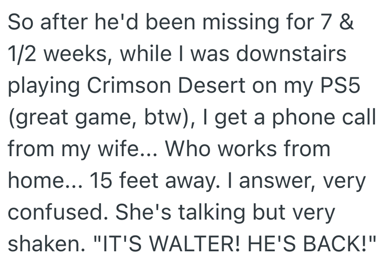 So after he'd been missing for 7 & 1/2 weeks, while I was downstairs playing Crimson Desert on my PS5 (great game, btw), I get a phone call from my wife... Who works from home... 15 feet away. I answer, very confused. She's talking but very shaken. "IT'S WALTER! HE'S BACK!"
