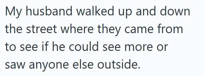 My husband walked up and down the street where they came from to see if he could see more or saw anyone else outside.