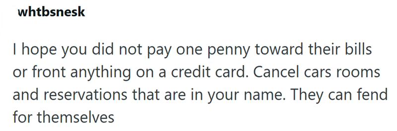 whtbsnesk I hope you did not pay one penny toward their bills or front anything on a credit card. Cancel cars rooms and reservations that are in your name. They can fend for themselves