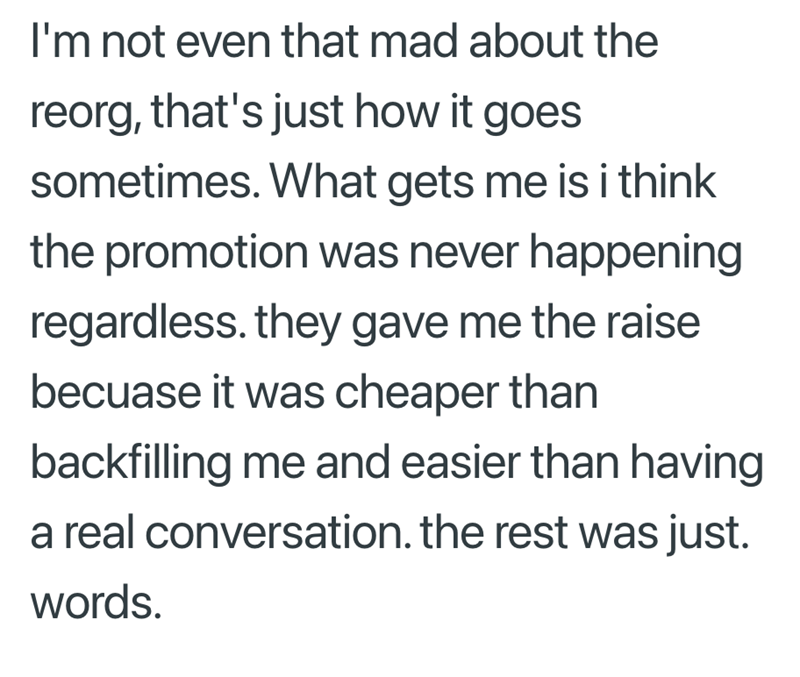I'm not even that mad about the reorg, that's just how it goes sometimes. What gets me is i think the promotion was never happening regardless. they gave me the raise becuase it was cheaper than backfilling me and easier than having a real conversation. the rest was just. words.