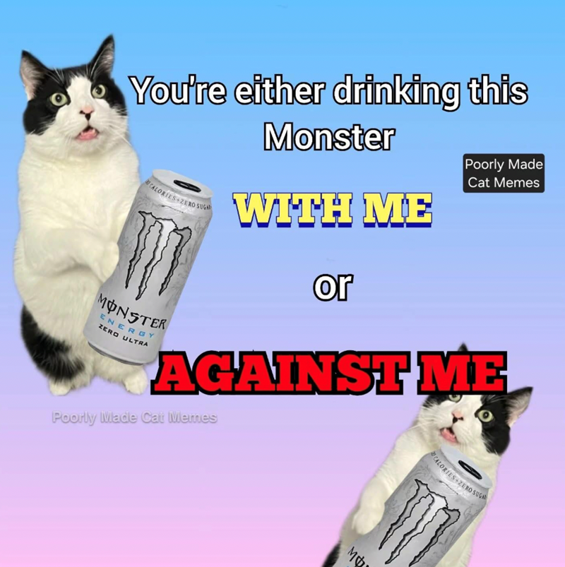 You're either drinking this CALORIES ZERO SUGA MONSTER ENERGY ZERO ULTRA Monster WITH ME or Poorly Made Cat Memes AGAINST ME Poorly Made Cat Memes M МФ CALORIES ZERO SUGA