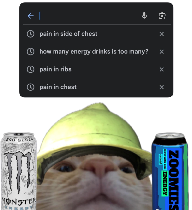pain in side of chest ①how many energy drinks is too many? pain in ribs ①pain in chest ZERO SUGAR MONSTER N × × × Now with real ENERGY ZOOMIES catnip!
