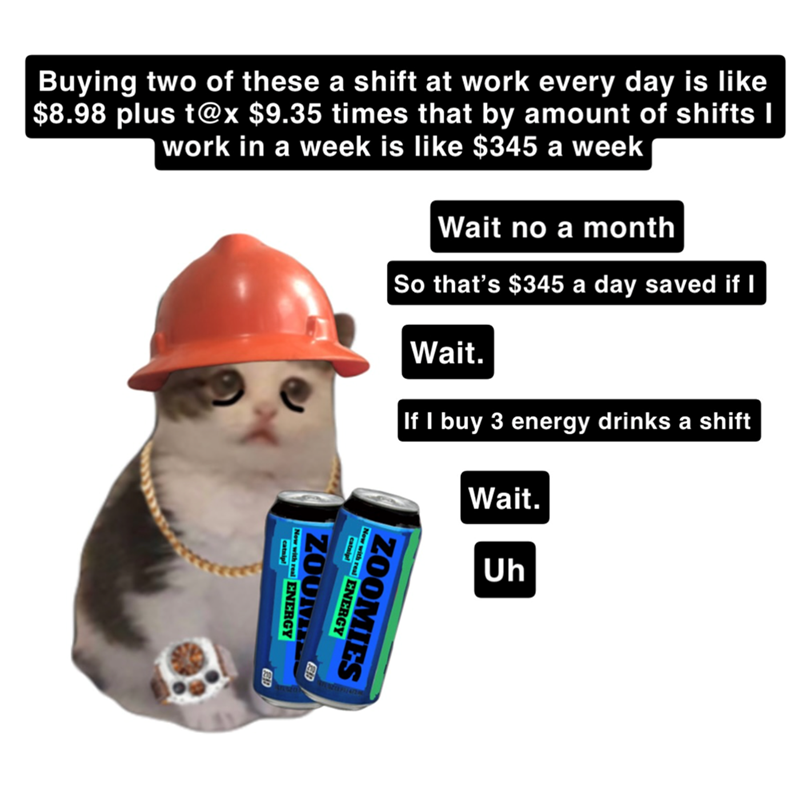 Buying two of these a shift at work every day is like $8.98 plus t@x $9.35 times that by amount of shifts I work in a week is like $345 a week Now with real ENERGY ZOOMIES ZOU Now with real ENERGY Wait no a month So that's $345 a day saved if I Wait. If I buy 3 energy drinks a shift Wait. Uh
