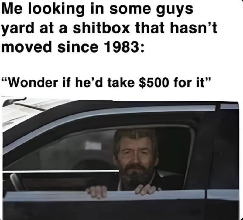 Me looking in some guys yard at a shitbox that hasn't moved since 1983: "Wonder if he'd take $500 for it"