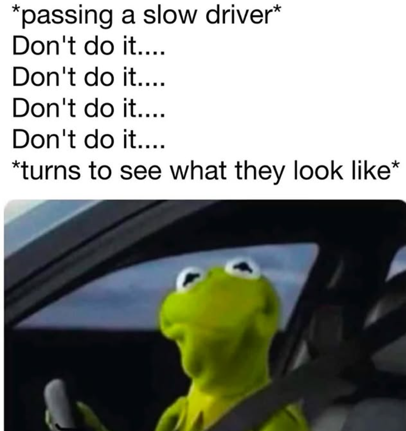 *passing a slow driver* Don't do it.... Don't do it.... Don't do it.... Don't do it.... *turns to see what they look like*