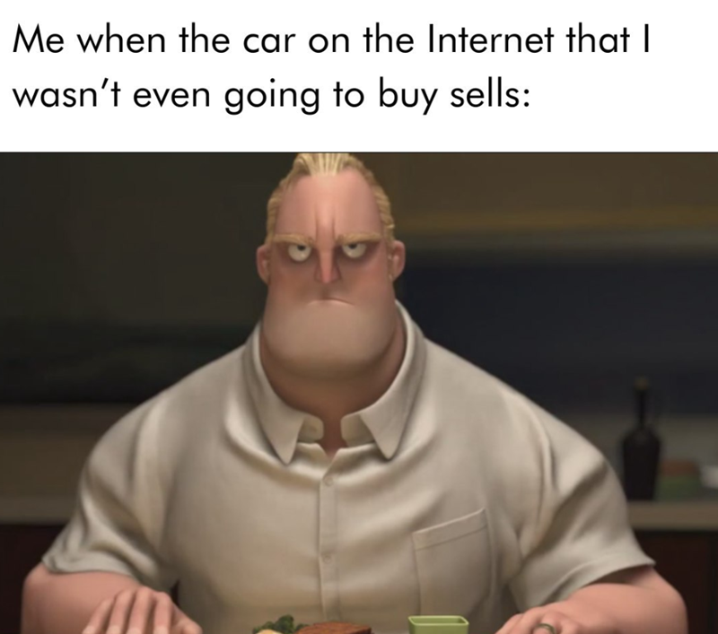 Me when the car on the Internet that I wasn't even going to buy sells: