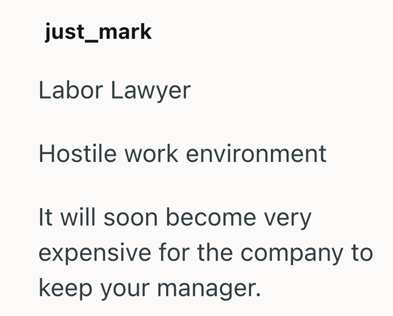 just_mark Labor Lawyer Hostile work environment It will soon become very expensive for the company to keep your manager.